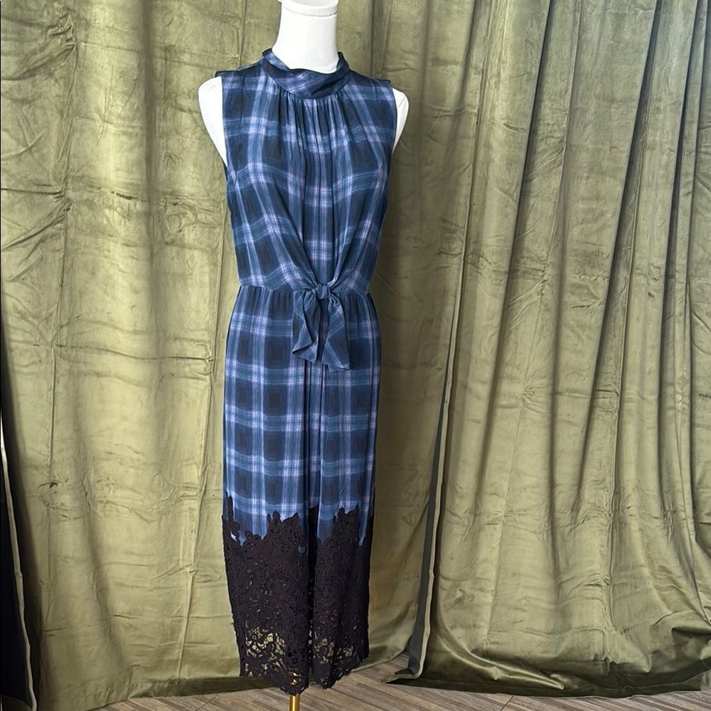 Rebecca Taylor 100% Silk Elegant Blue Plaid Dress With Lace Hem, Us4